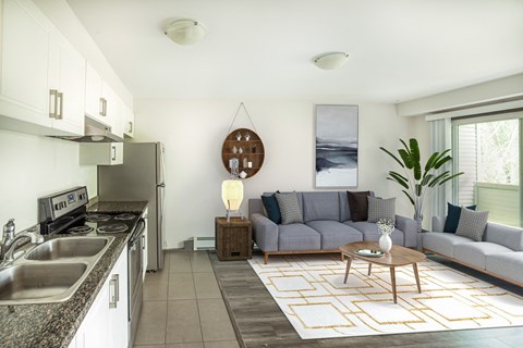 a living room with a couch and a kitchen with a sink